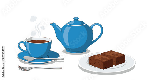 A charming still life featuring a blue teapot, a steaming cup of tea, and two squares of chocolate brownie on a white plate, perfect for a cozy afternoon.