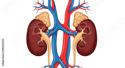 Detailed illustration of human kidneys with surrounding arteries and veins, showcasing renal anatomy and the urinary system's vital organs.