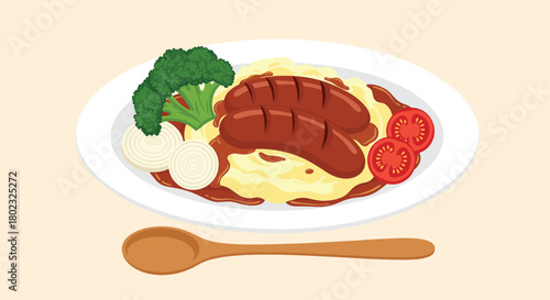 A hearty plate of sausage and mashed potatoes with gravy, broccoli, onion rings, and tomato slices is presented for a delicious mealtime experience.