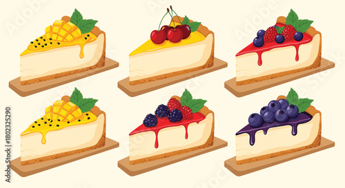 A delightful assortment of six cheesecake slices, each topped with fresh fruit and a vibrant sauce, presented on individual serving boards.
