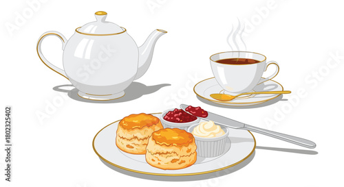 A delightful afternoon tea setting with scones, jam, cream, and a steaming cup of tea, perfect for a relaxing break or special occasion.