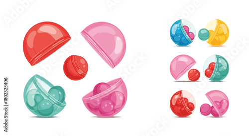 Colorful plastic surprise eggs with small round toys inside, some open revealing contents, isolated on a white background.
