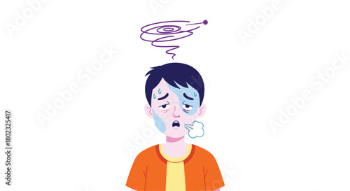 Illustration of a sick boy with a fever, showing symptoms like sweating, paleness, and feeling unwell, representing illness and discomfort.