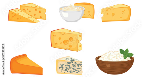 A colorful assortment of various cheeses including swiss, cream cheese, blue cheese, and cottage cheese, presented as a delightful culinary illustration.