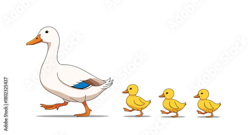 A white duck leads three fluffy yellow ducklings in a single-file line, showcasing a heartwarming family scene and natural animal behavior.