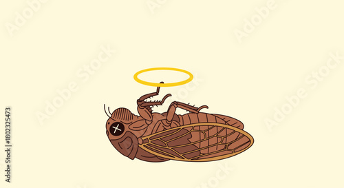 A whimsical illustration depicts a deceased cicada with a halo above its head, suggesting a humorous take on insect mortality and afterlife concepts.