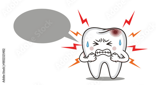 Cartoon tooth character experiencing intense pain with a cavity, illustrated with lightning bolts and teardrops, and a speech bubble for text.