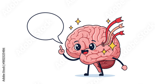 Adorable cartoon brain character with a thought bubble and sparkling elements, illustrating ideas, intelligence, and cognitive function.