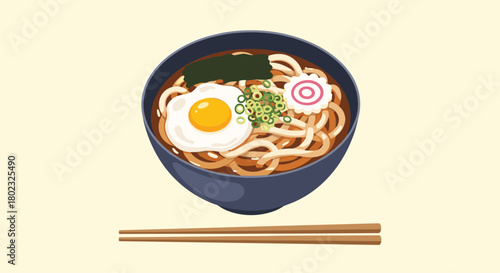A vibrant illustration of a bowl of udon noodles topped with a fried egg, nori seaweed, pink fish cake, and chopped green onions, accompanied by chopsticks.