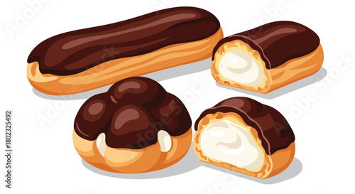 A delightful assortment of eclairs and cream puffs, showcasing their golden pastry shells and rich chocolate glaze, cut to reveal creamy fillings.