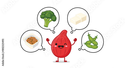 A cheerful red beet character contemplates healthy food choices including broccoli, tofu, edamame, and quinoa in thought bubbles, promoting nutritious eating.