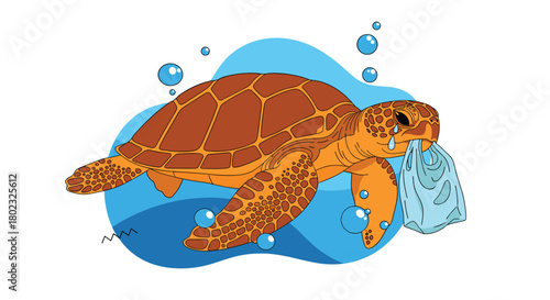 A distressed sea turtle swims with a plastic bag in its mouth, illustrating the harmful effects of pollution on marine life and ecosystems.