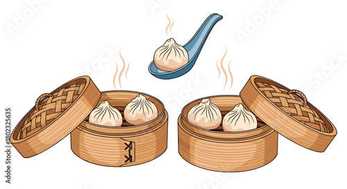 Steaming hot xiao long bao dumplings in traditional bamboo baskets with one served on a blue spoon, showcasing delicious asian cuisine and culinary artistry.