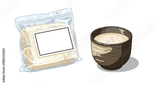 A bag of rice flour and a bowl of rice milk or porridge, representing Asian cuisine and ingredients for baking or cooking, presented in a simple illustration.