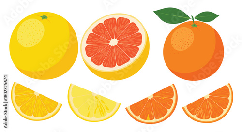 A vibrant collection of citrus fruits including oranges, grapefruit, and lemon, both whole and sliced, showcasing their bright colors and juicy interiors.