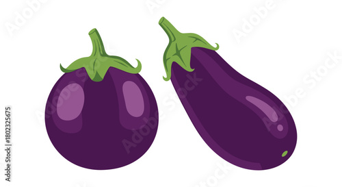 Two vibrant purple eggplants are displayed against a clean white background, showcasing their smooth skin and fresh green stems, perfect for culinary or nutritional illustrations.