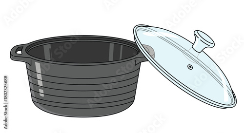 A dark gray stockpot with a clear glass lid resting slightly ajar beside it, showcasing a kitchen cooking utensil for soups and stews.