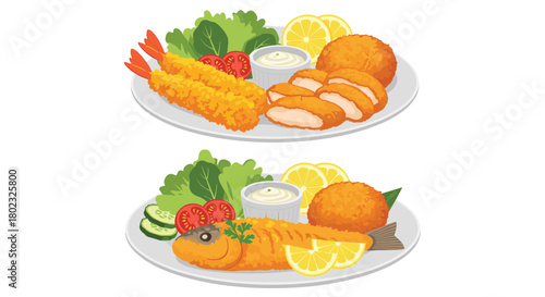 Two plates of beautifully presented fried seafood dishes with lemon wedges, tartar sauce, and fresh greens, a delightful culinary experience.