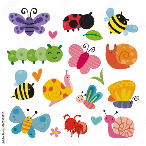 Adorable collection of cute cartoon garden insects and bugs like butterflies, snails, and bees