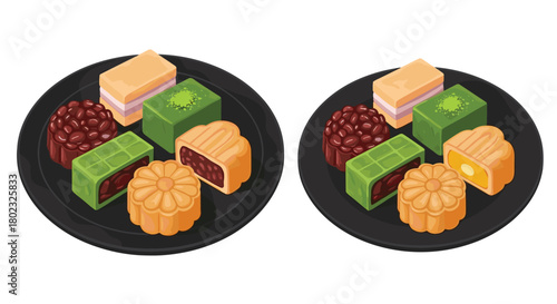 An isometric illustration of a black plate displaying a variety of traditional korean sweets and desserts, including bean paste and rice cakes.