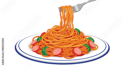 A colorful illustration of a plate of spaghetti with tomato sauce, sliced sausage, and green peppers being lifted by a fork, ready to eat.