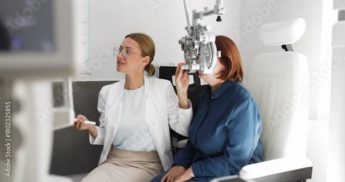 Optometrist adjusting phoropter during vision testing for elderly woman