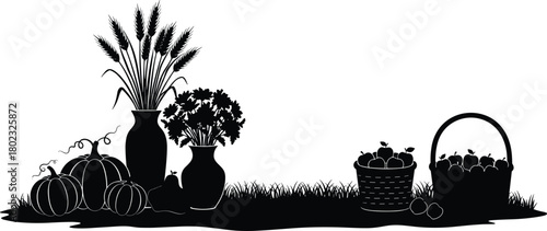 Black silhouette of autumn harvest with pumpkins wheat and apples in baskets on white background
