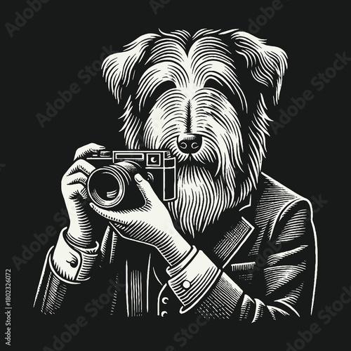 Anthropomorphic Dog Photographer in a Suit Holding a Vintage Camera.