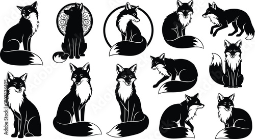 Collection of black and white fox silhouettes in various poses and decorative elements