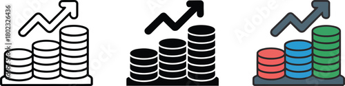 Growing stacks of coins with an arrow showing a rising trend