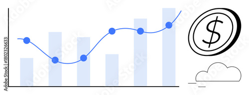 Bar graph with upward trendline, dollar coin, and cloud suggesting growth, analysis, and progression. Ideal for finance, business strategy, analytics, success investment forecasting simple flat
