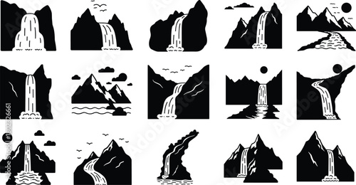 Collection of black and white stylized mountain and waterfall icons nature landscape