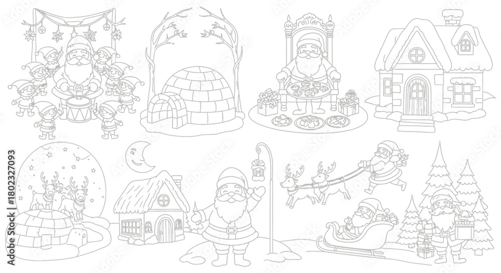 Fototapeta premium Christmas coloring book illustrations, Santa Claus and elves line art collection, winter holiday scenes with igloo and reindeer in EPS format