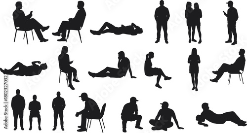 Collection of black human silhouettes in various sitting standing and lying poses