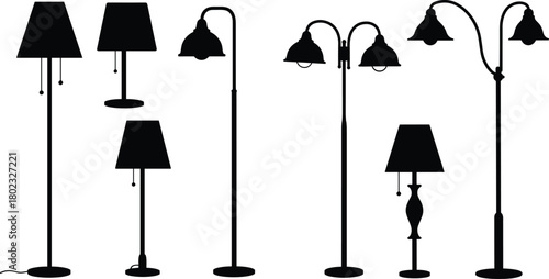 Collection of black silhouette floor lamps and street lamps on white background lighting