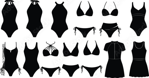 Collection of black silhouette swimwear and bathing suits bikini one-piece