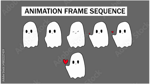 Cute Cartoon Ghost Sending and Receiving Hearts Animation Frame Sequence. Adorable Love and Romance Spirit Element for Social Media.