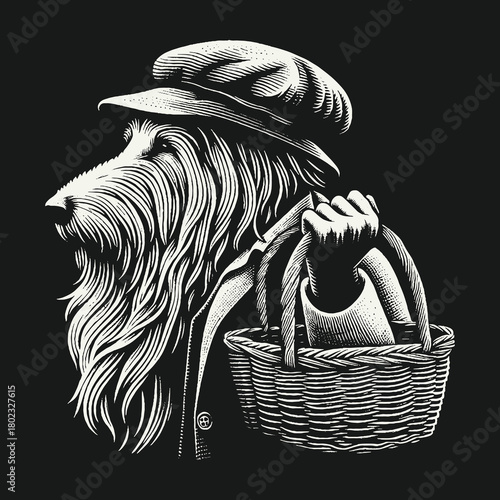 Vintage Engraving of a Dog in a Cap Carrying a Basket.