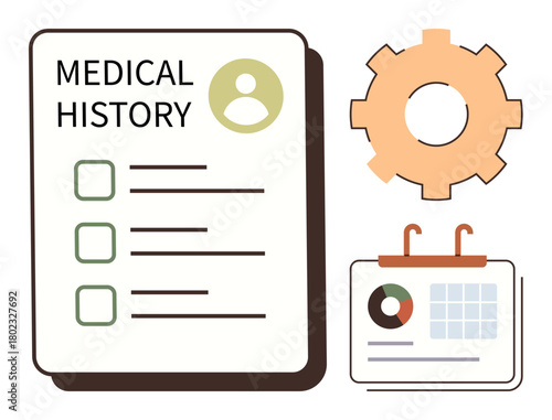 Medical history form with checklist, calendar page, and gear, highlighting healthcare management, planning, and system organization. Ideal for health records, scheduling, and systems integration