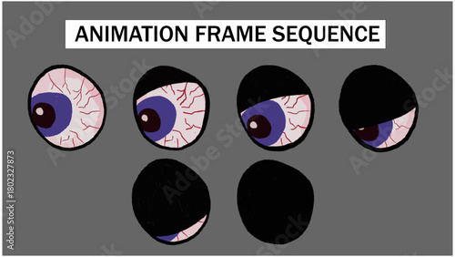 Detailed Bloodshot Eye Blink Animation Frame Sequence. Hand-Drawn Human Eye Closing Effect. Tired, Scary, or Sick Concept Motion Graphic Element.