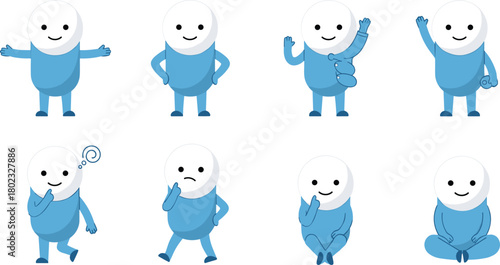 Collection of eight blue and white cartoon characters in various poses and expressions
