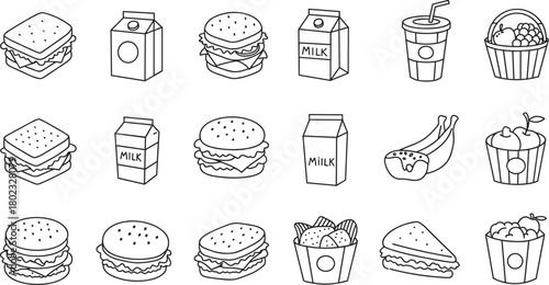 Collection of hand drawn black and white food and drink icons sandwich burger