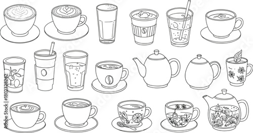 Collection of hand-drawn line art beverages and teapots with various drinks coffee