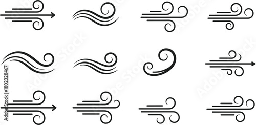 Collection of twelve black and white stylized wind icons and graphic elements breeze