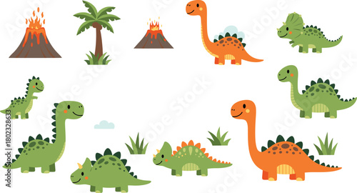 Cute cartoon dinosaurs and volcanoes with palm trees and grass eruption