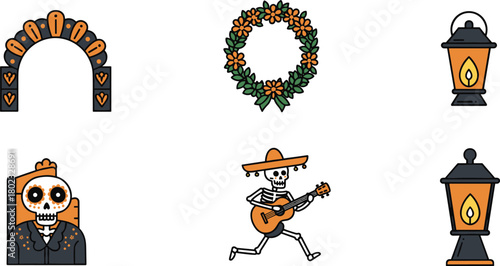 Day of the Dead skeleton playing guitar with floral wreath arch and lanterns dia de los muertos