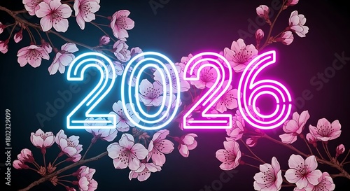 Bright Neon 2026 Over Pink Cherry Blossoms Background for New Year Celebrations