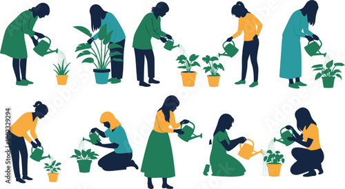 Diverse women in silhouette watering potted plants with watering cans gardening