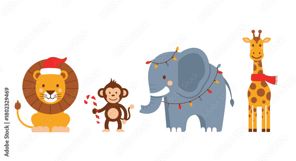 Fototapeta premium Cute Christmas safari animals collection, festive lion and monkey with candy cane, holiday elephant and giraffe vector set