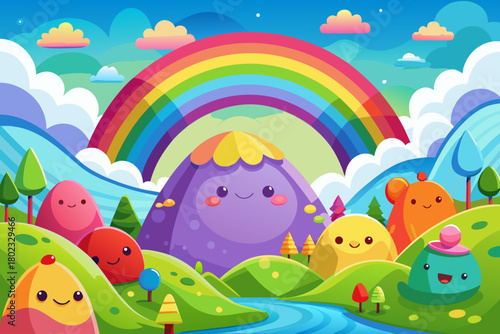 Colorful landscape hills with happy faces, rainbow arch in the sky and fluffy white clouds drifting gently background